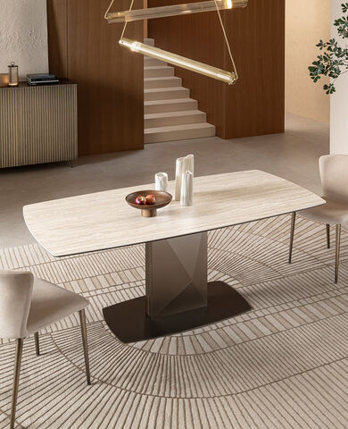 SABINO, TAVOLO A BOTTE FISSO IN CERAMICA TRAVERTINO OPACO, COLONNA CON EFFETTO DIAMANTE, PIASTRA BRONZO